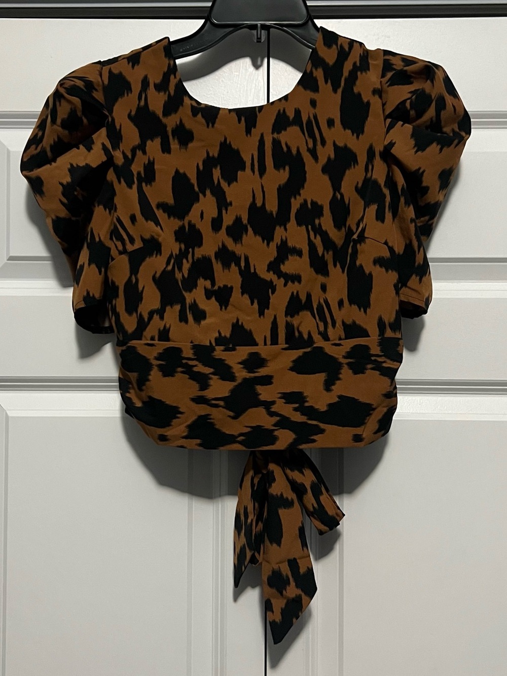 SHEIN Brown and Black Animal Print Crop Tie-Back Top